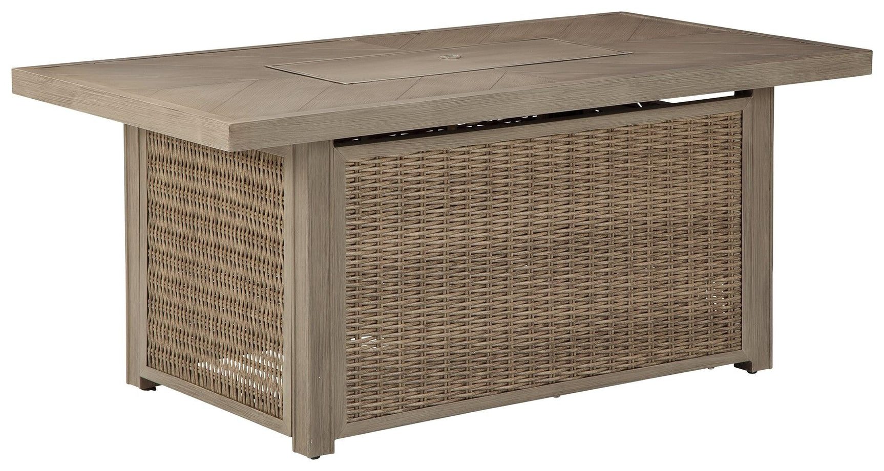 Beachcroft Beige Fire Pit Table with cabinet door open revealing shelves