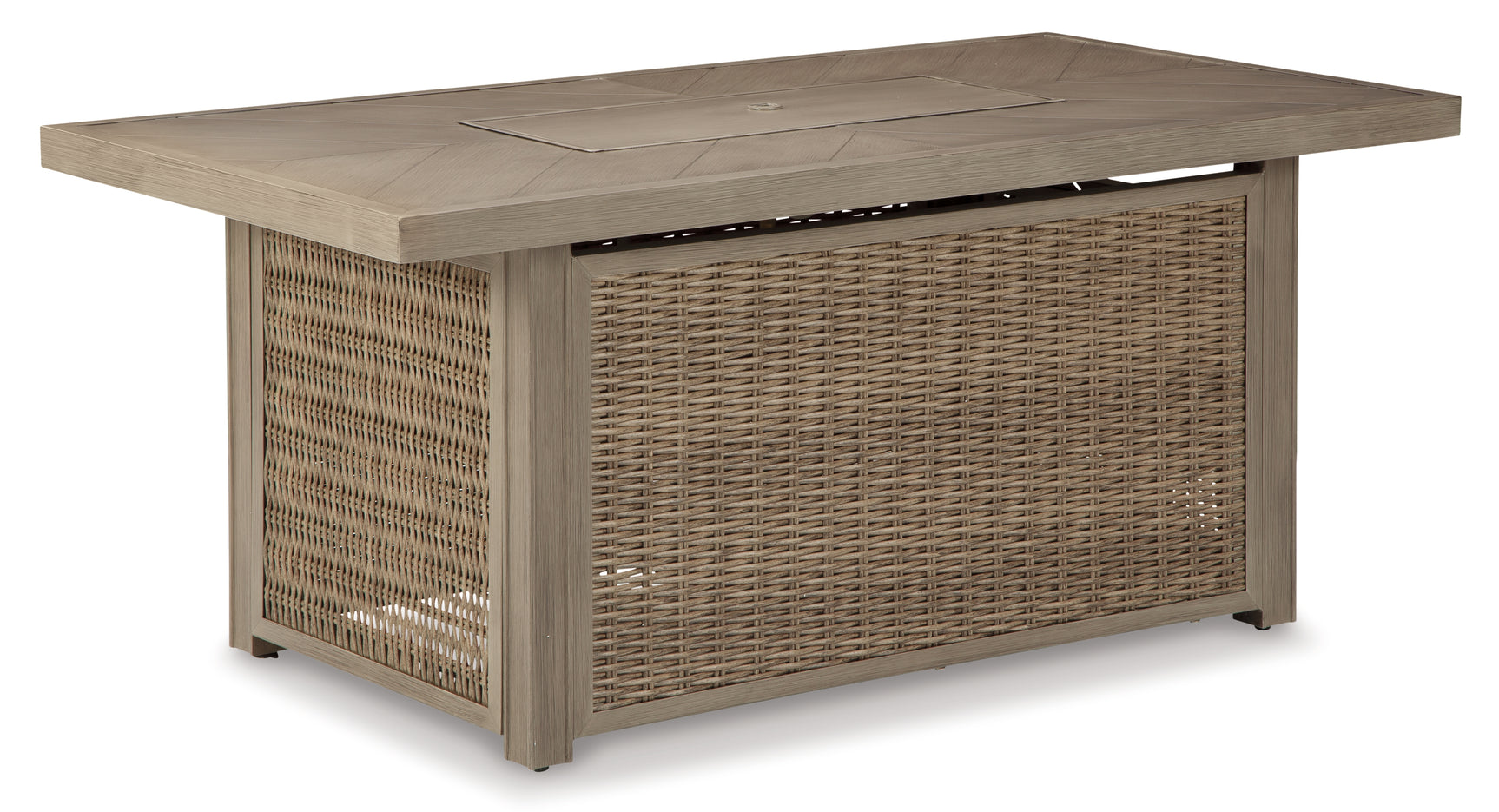 Beachcroft Beige Outdoor Sofa with Fire Pit Table and Lounge Chairs