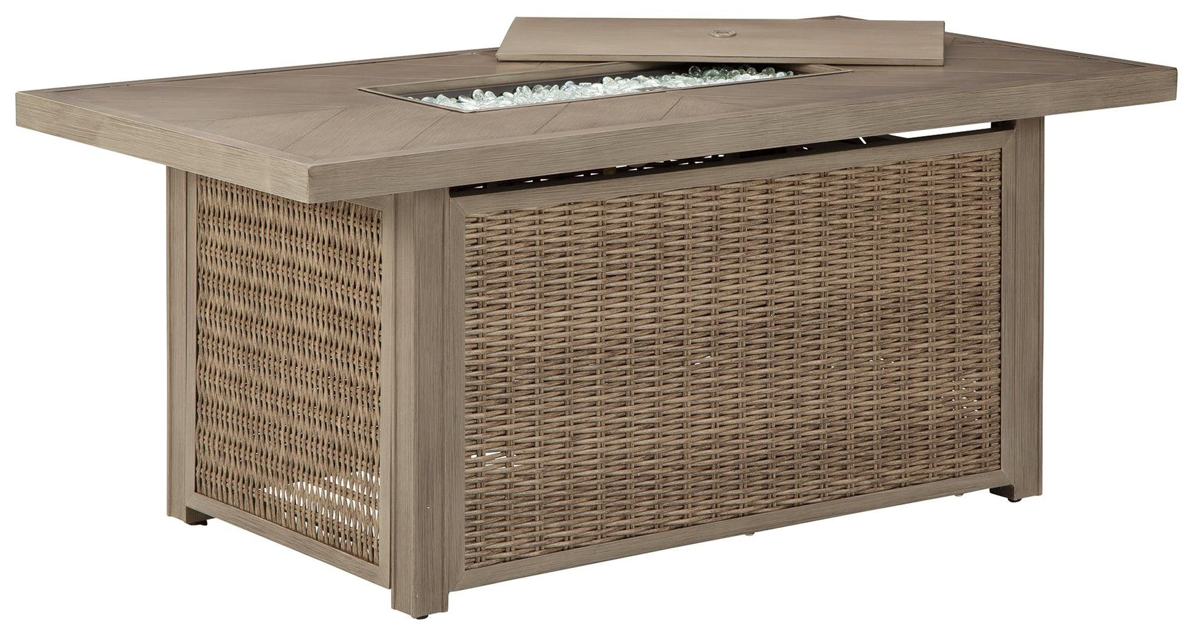 Beachcroft Beige Fire Pit Table head-on view showing wicker and burner