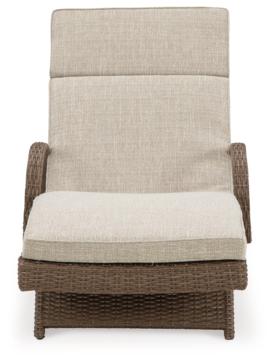 Beachcroft beige outdoor chaise lounge side view with cushion upright
