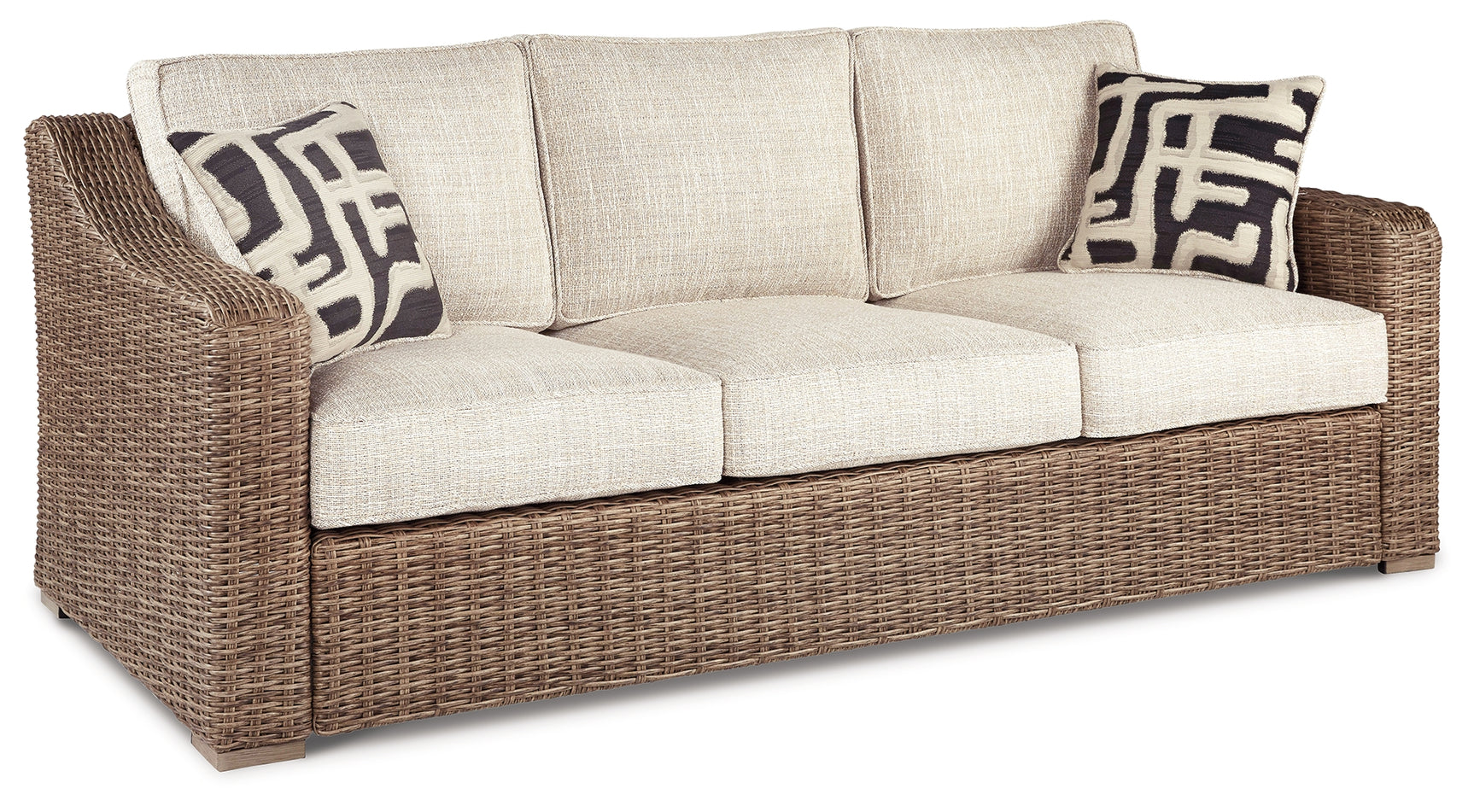 Side angle of Beachcroft outdoor sofa showing frame and cushions