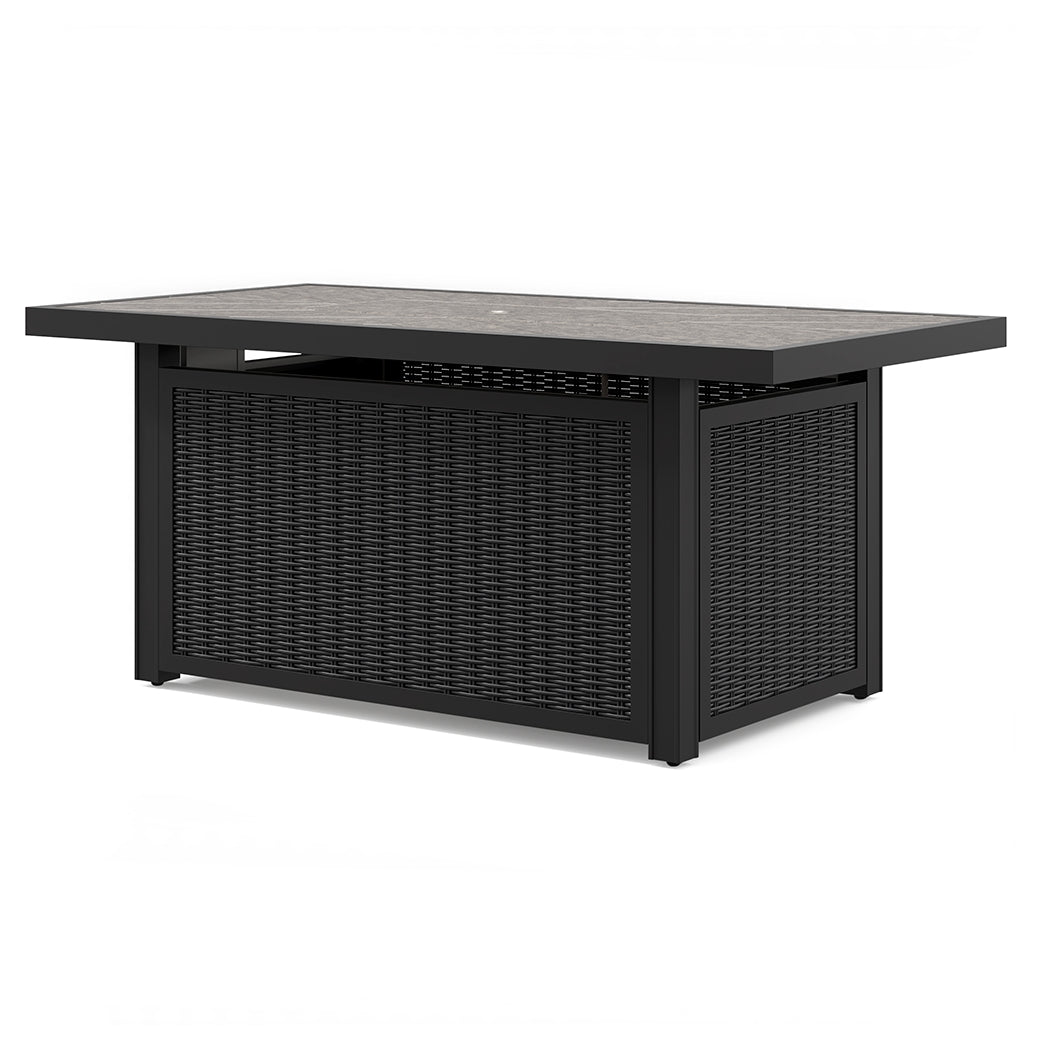 Beachcroft outdoor fire pit table and four chairs in black and light gray