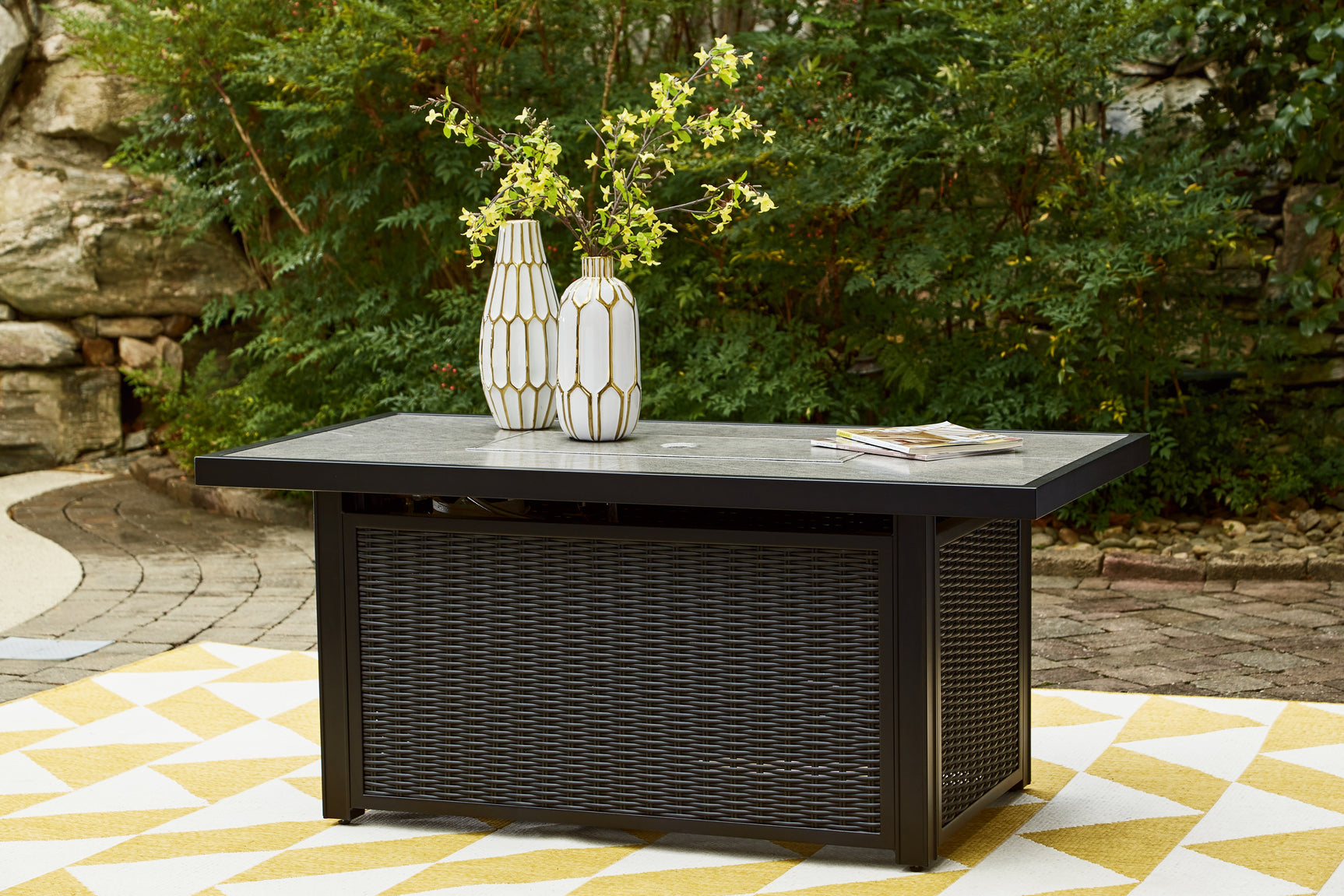 Beachcroft outdoor fire pit table and four chairs in black and light gray