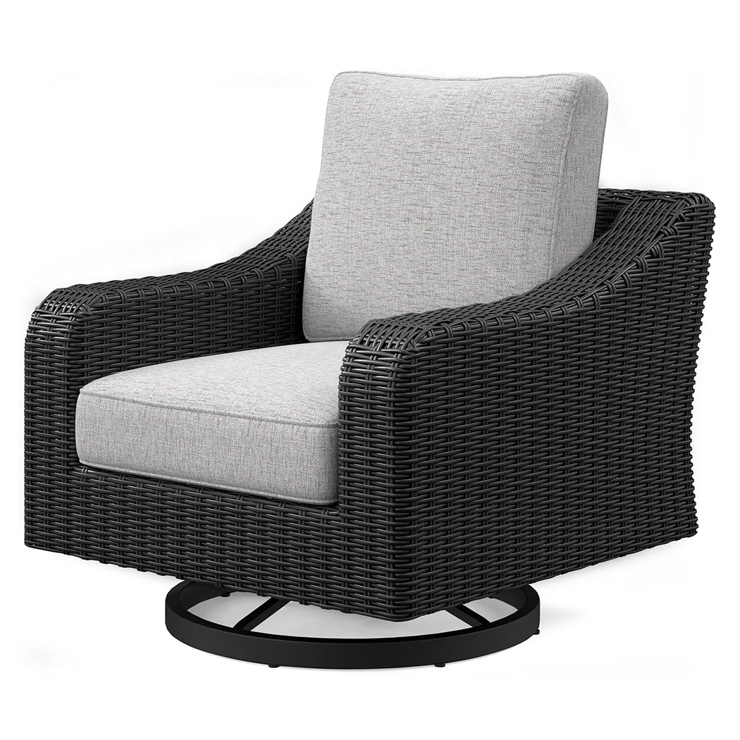 Back view of Beachcroft outdoor swivel lounge chair showing black resin wicker