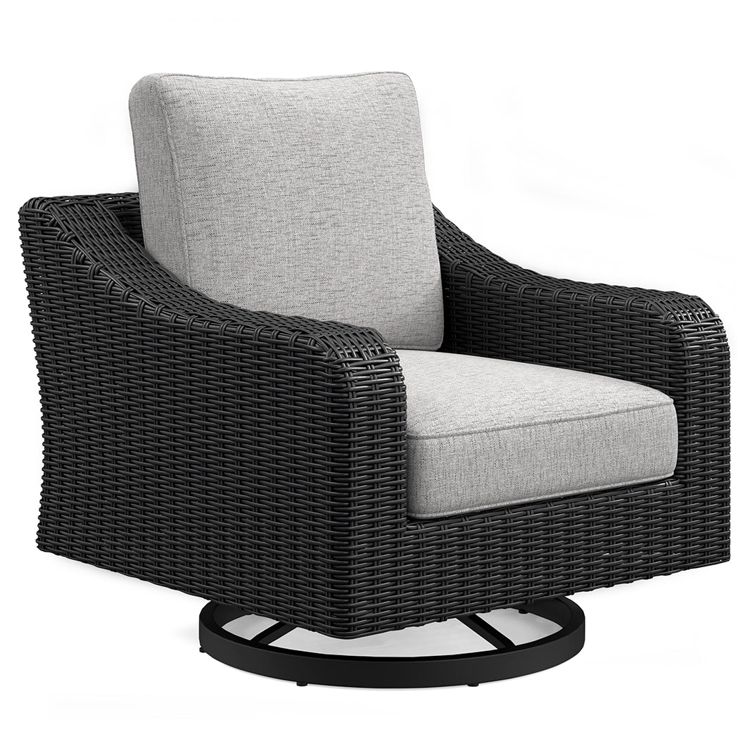 Side view of Beachcroft black resin wicker outdoor swivel lounge chair with light gray cushion