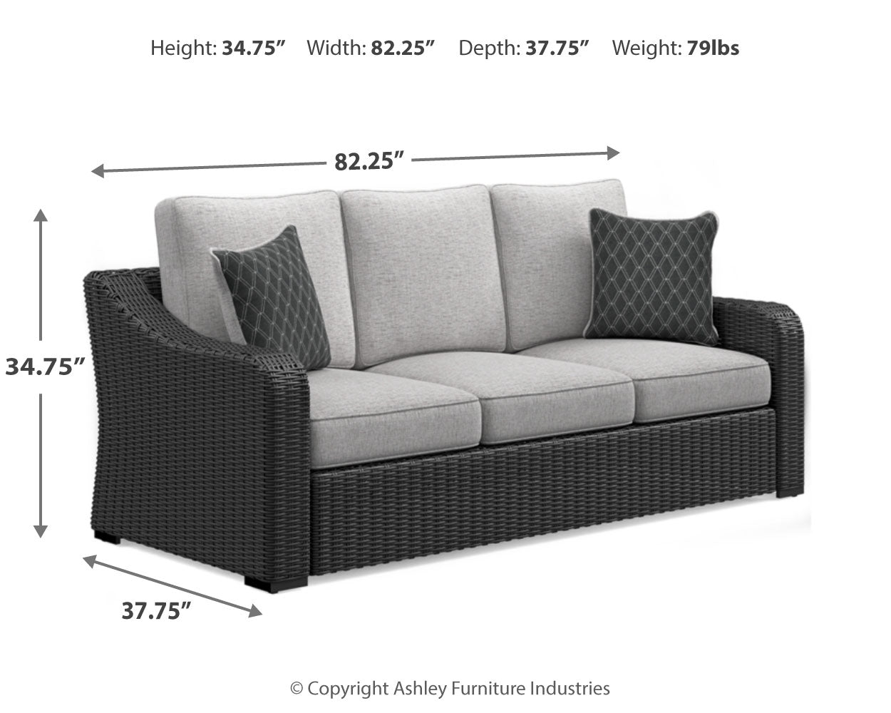 Beachcroft outdoor sofa set with black frame and light gray cushions from front angle