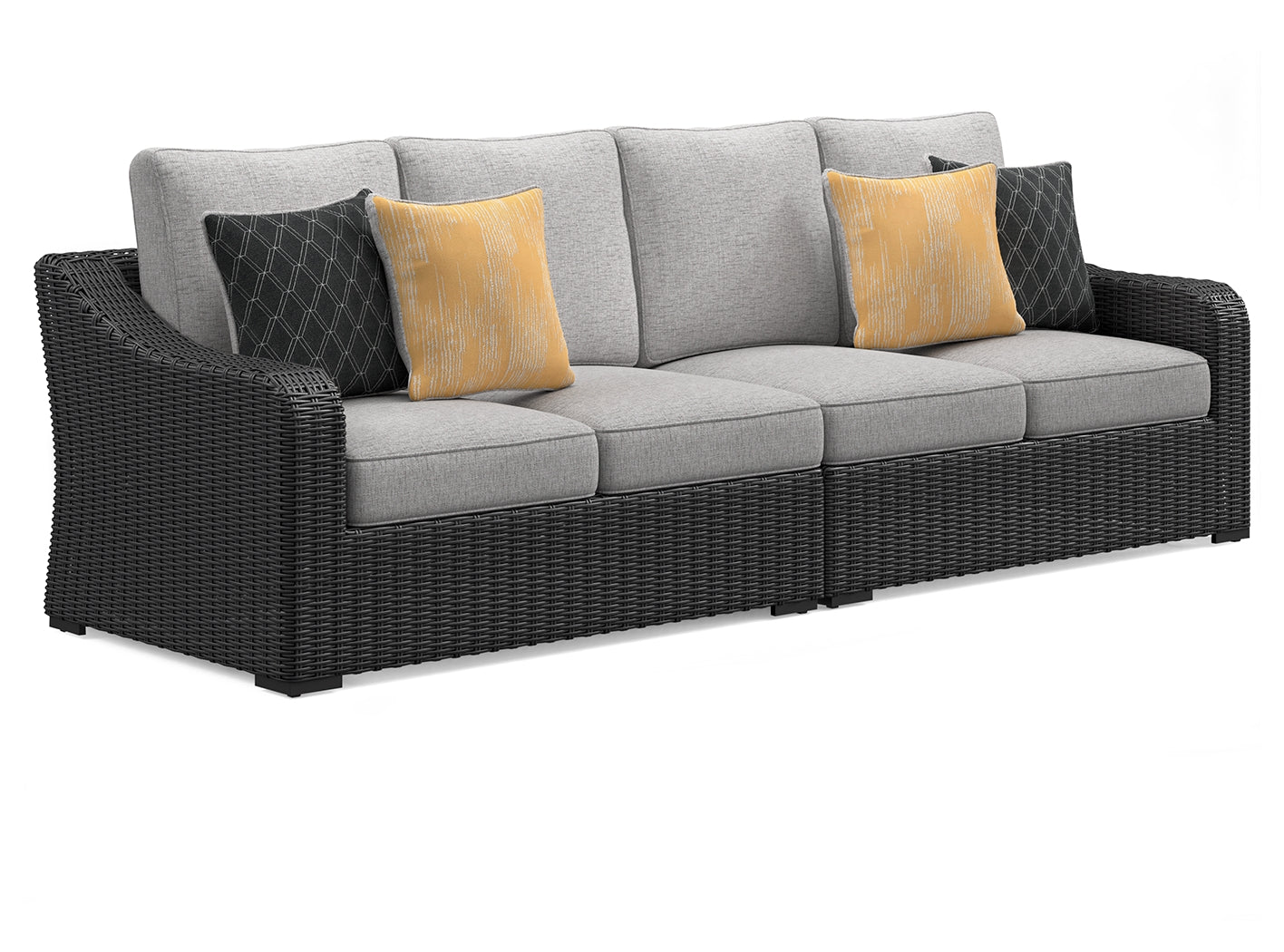Beachcroft 2-piece outdoor loveseat side view showing wicker and cushions