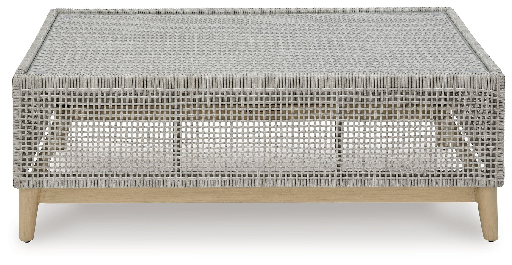 Side view of Seton Creek Gray Outdoor Coffee Table showing wood-look painted legs