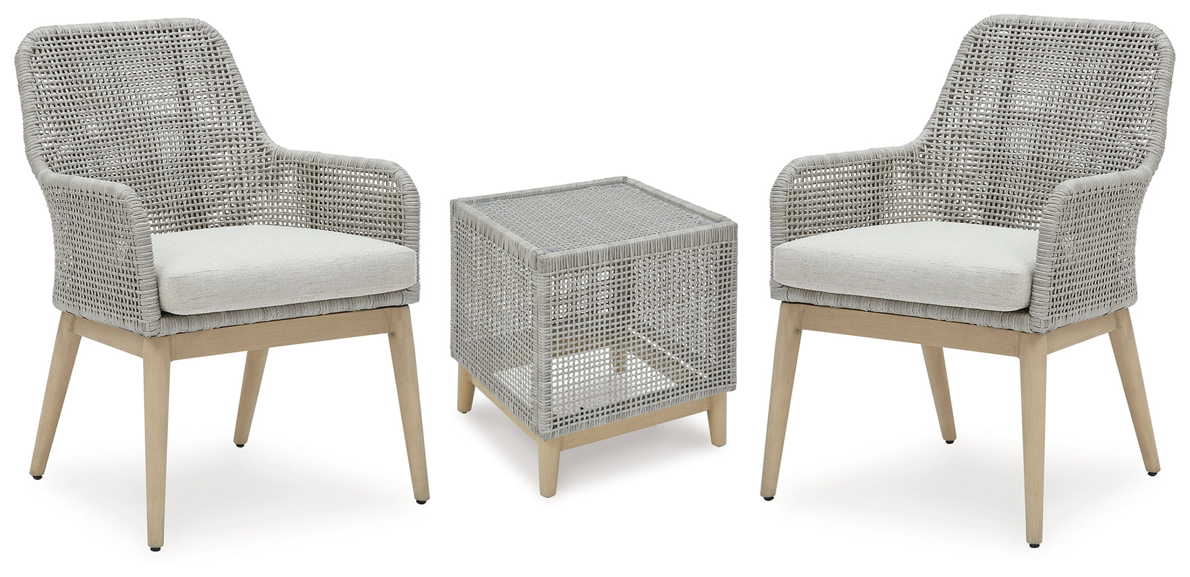 Detail of gray resin wicker chair with cushion