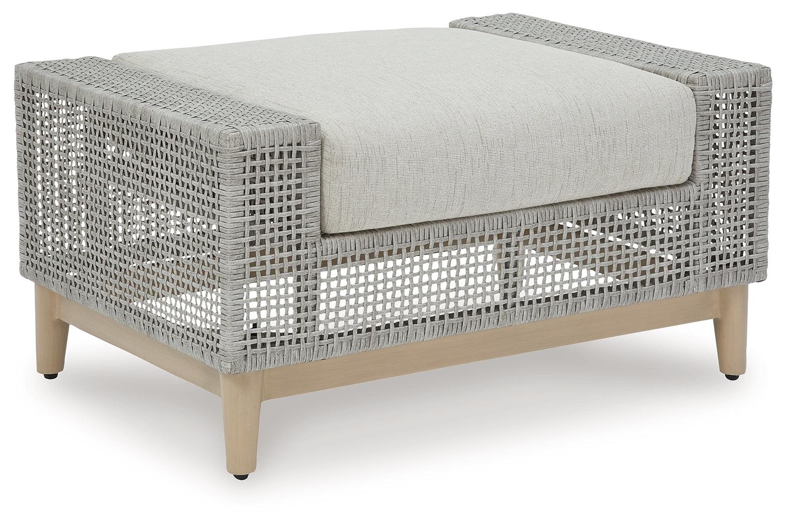 Seton Creek Gray Outdoor Ottoman with Cushion Head-On View