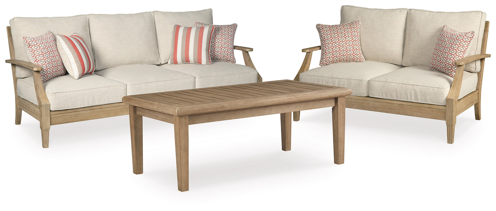 Outdoor loveseat with beige cushions side angle