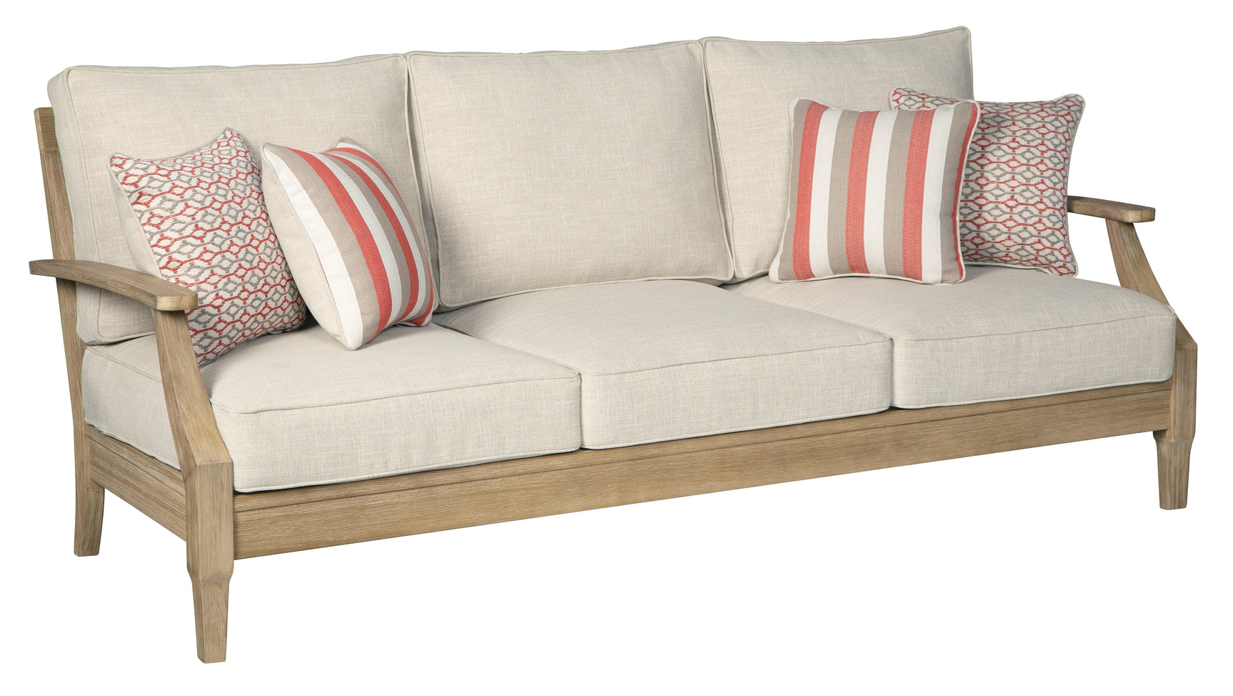 Clare View Beige Outdoor Sofa side angle with throw pillows