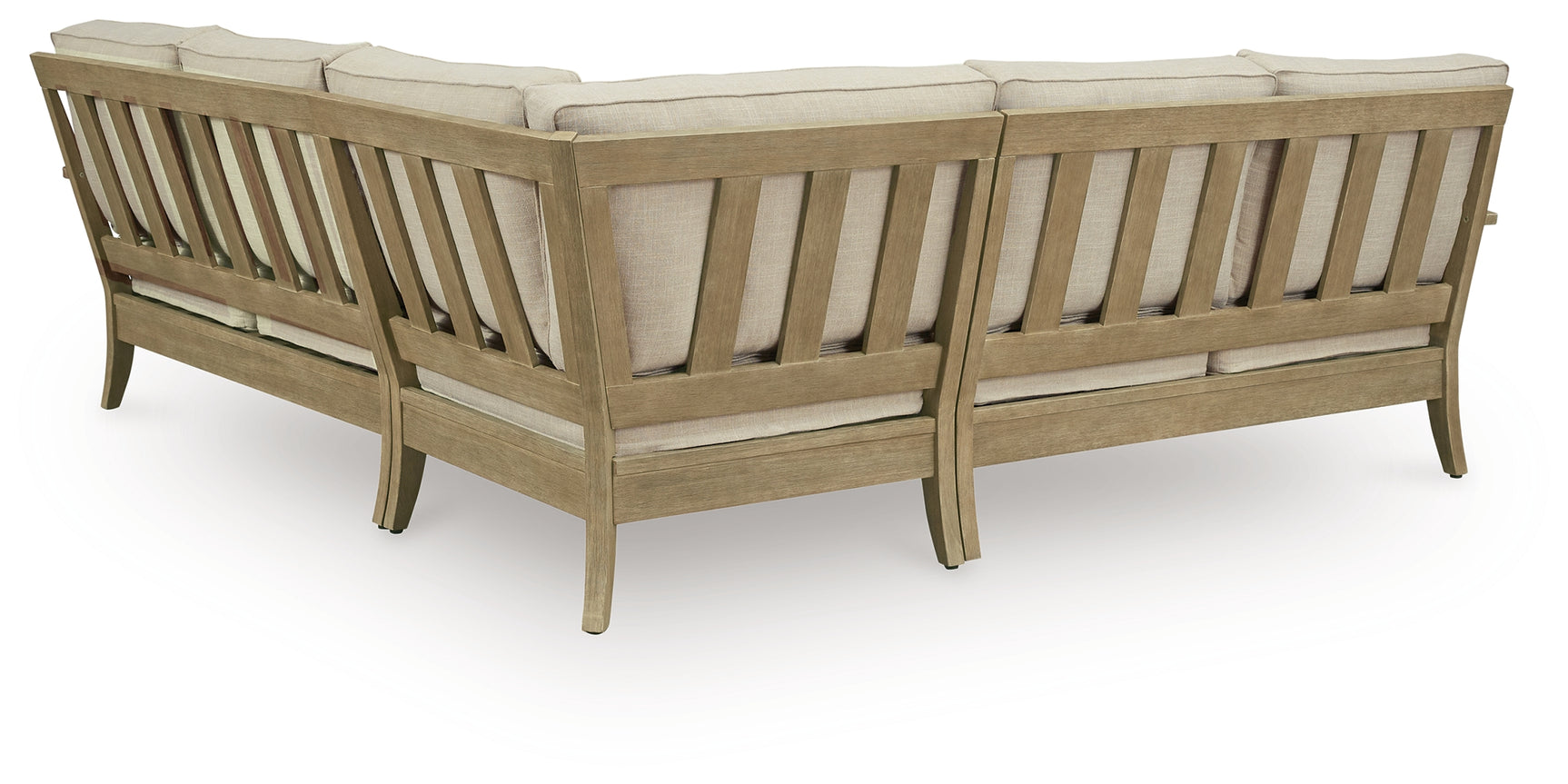 Rear view of Clare View 3-piece outdoor sectional highlighting slat-style wood finish