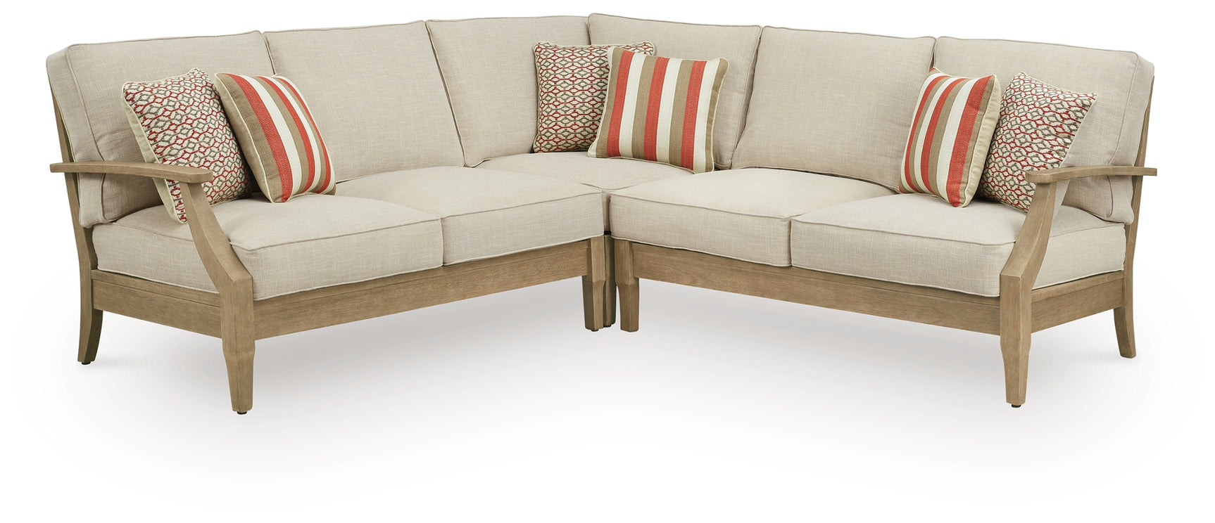 Side view of Clare View beige outdoor sectional displaying eucalyptus wood frame