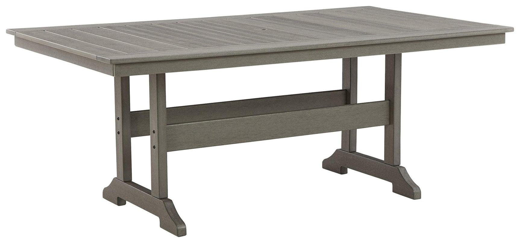 Visola Gray Outdoor Dining Table side view showing slatted top