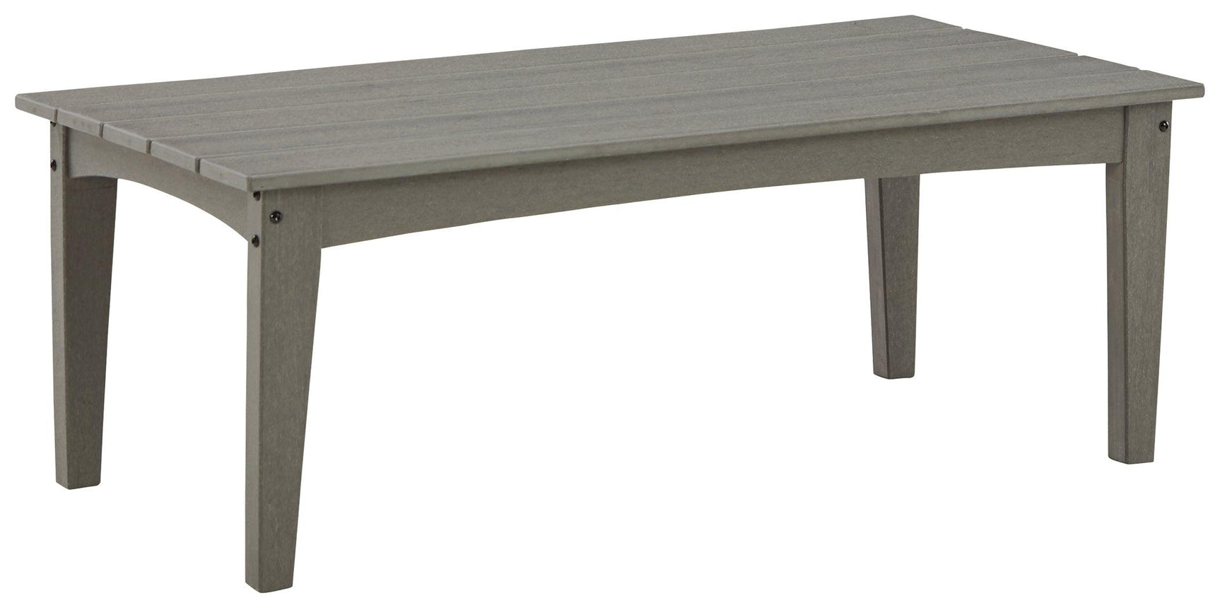 Visola Gray Outdoor Coffee Table head-on view highlighting textured wood-look finish
