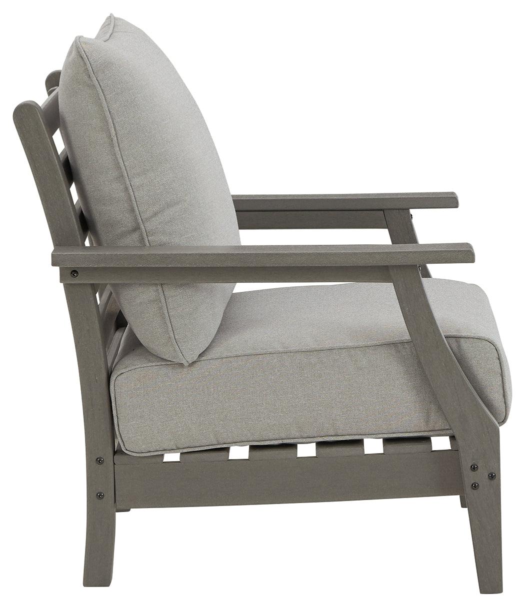 Visola gray outdoor lounge chair with cushions side angle