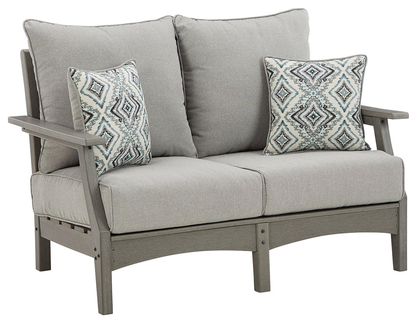 Visola Gray Outdoor Loveseat with cushion head-on view