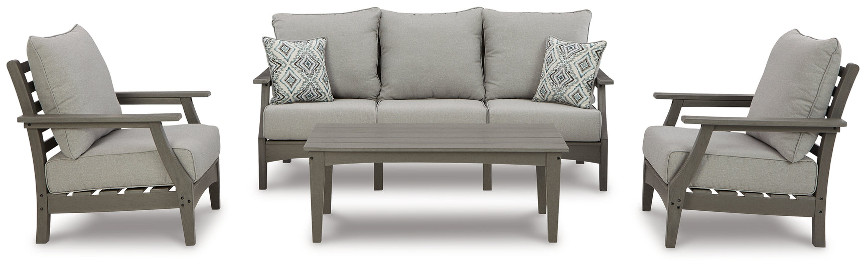 Coffee table top with slatted design shedding rainwater