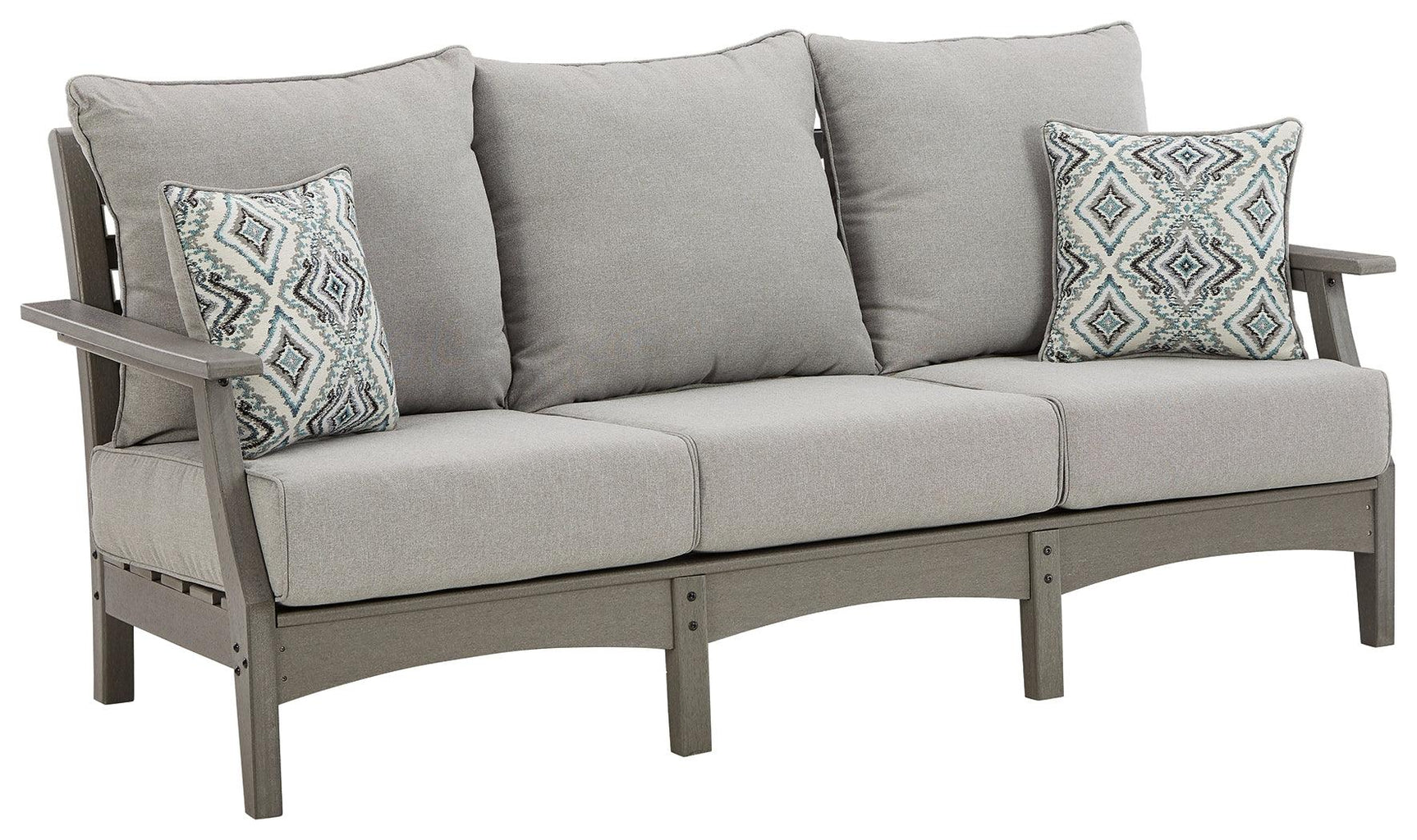 Visola Gray Outdoor Sofa with cushions head-on perspective