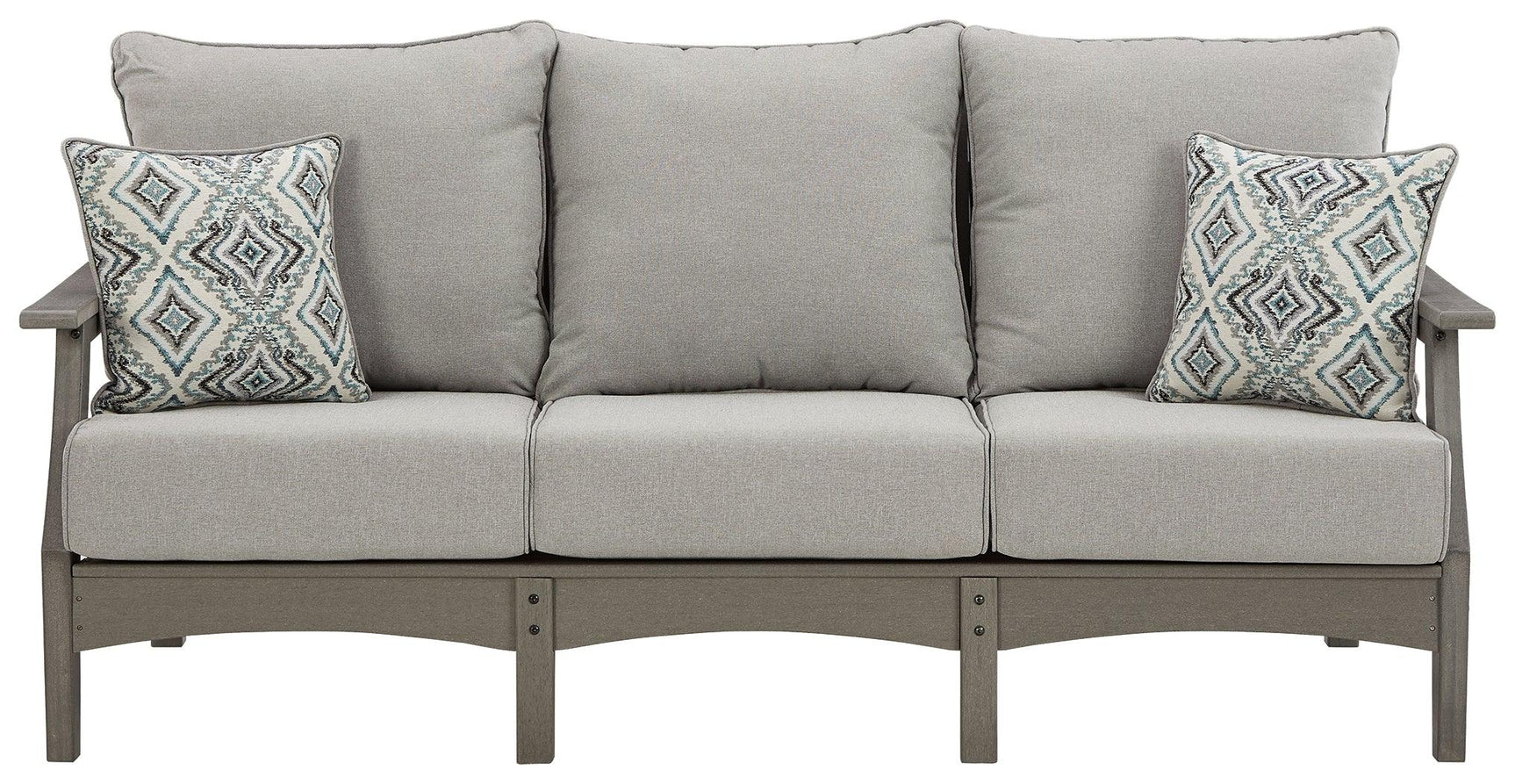 Visola Gray Outdoor Sofa with cushions close-up head-on