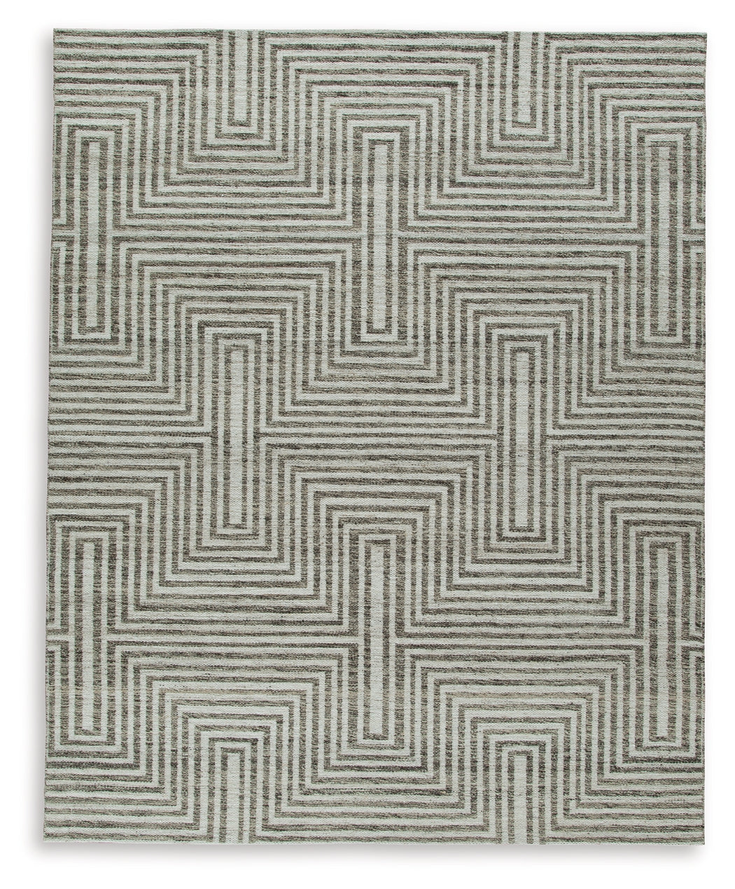 Detail of woven geometric pattern in ivory and gray