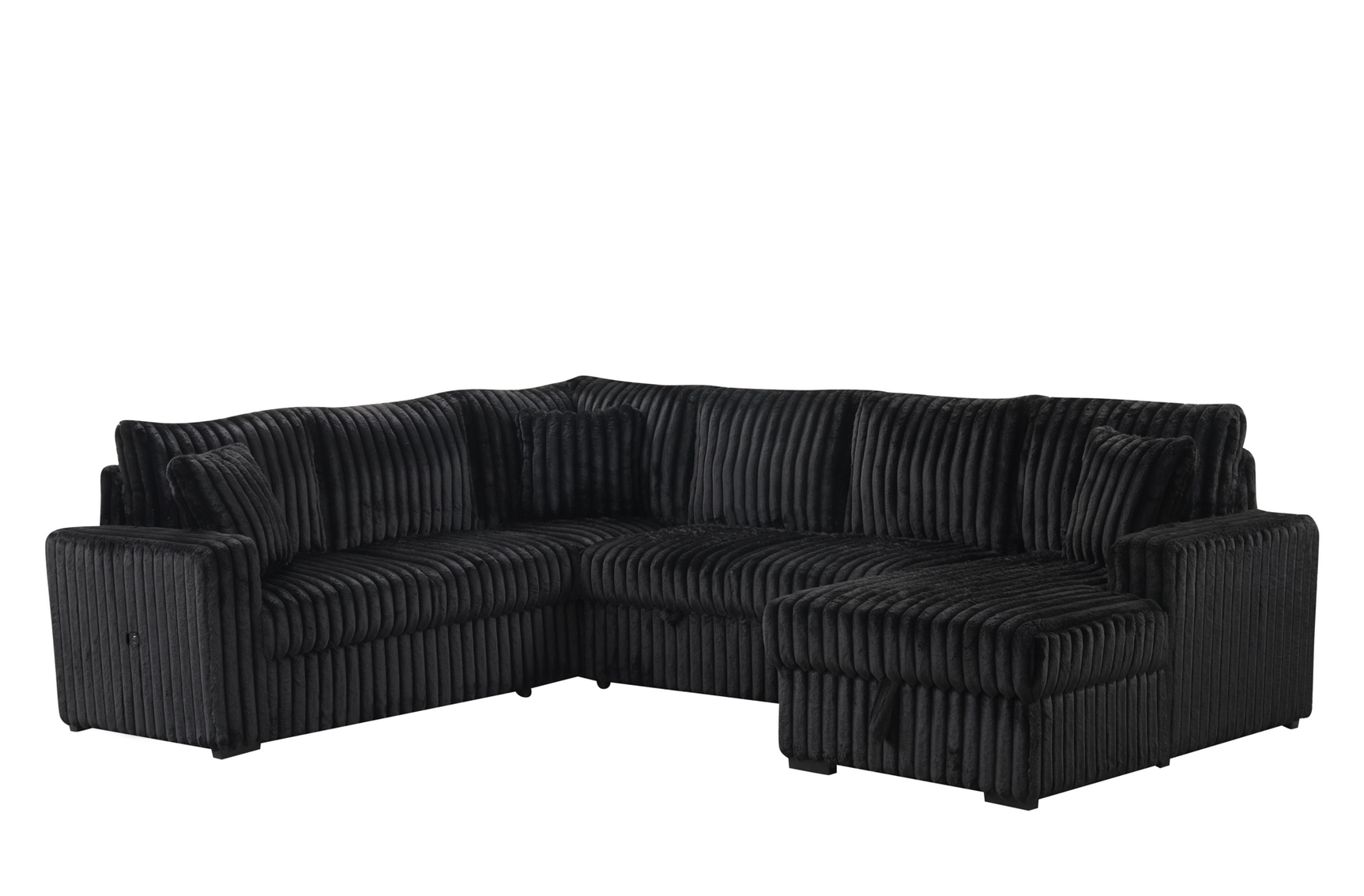 side view of Raha II black sectional sofa showing fabric texture