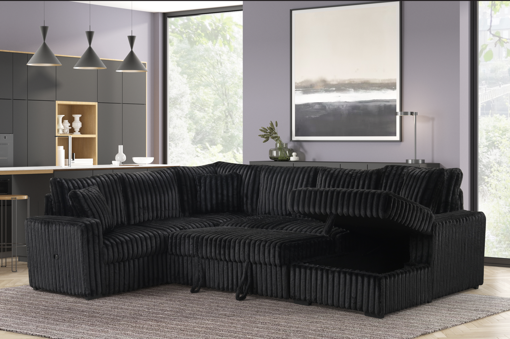 front view of Raha II black sectional sofa with storage compartments