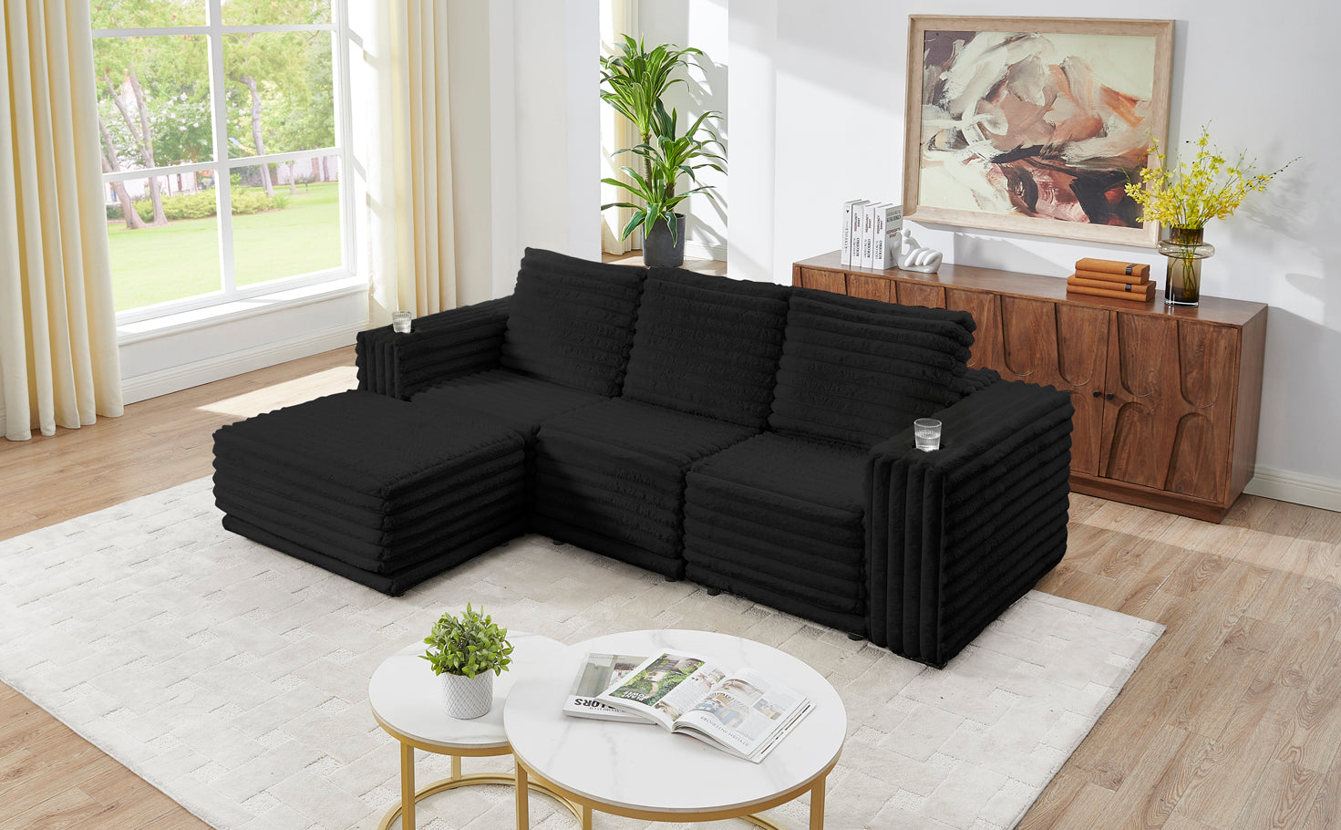 Living room with Nuve Black Modular Sectional sofa