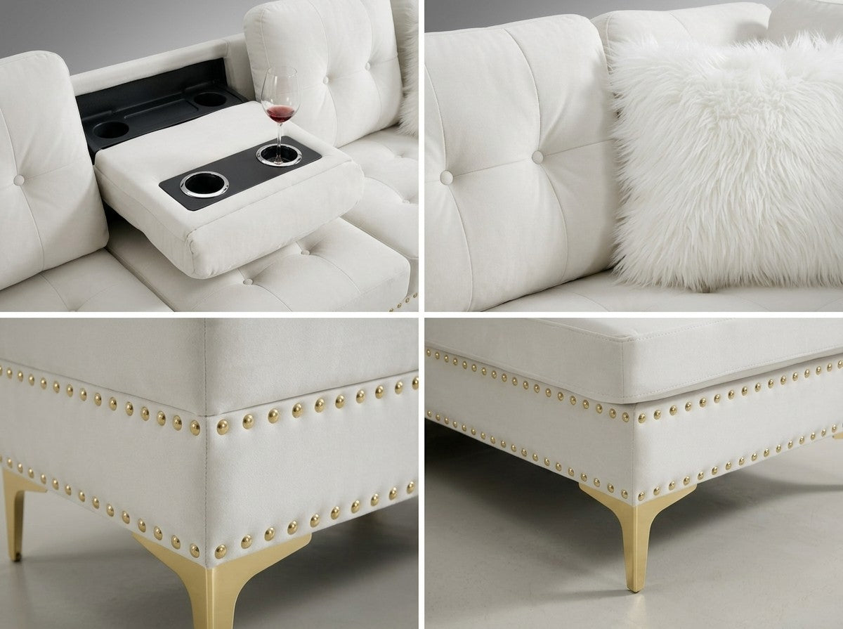 Joy II Beige Velvet Sectional with Gold Accents, Storage Ottoman, and Cupholder Table view 2