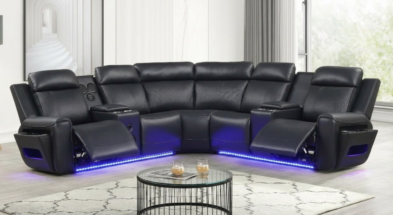 Galaxy Black Air Leather Reclining Sectional with Bluetooth Speakers and LED Lighting from Decor Furniture