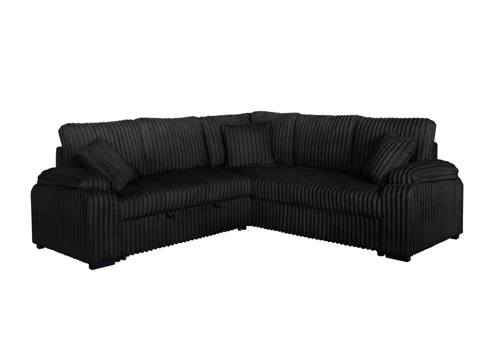 Detail of pullout bed mechanism on black corduroy sectional