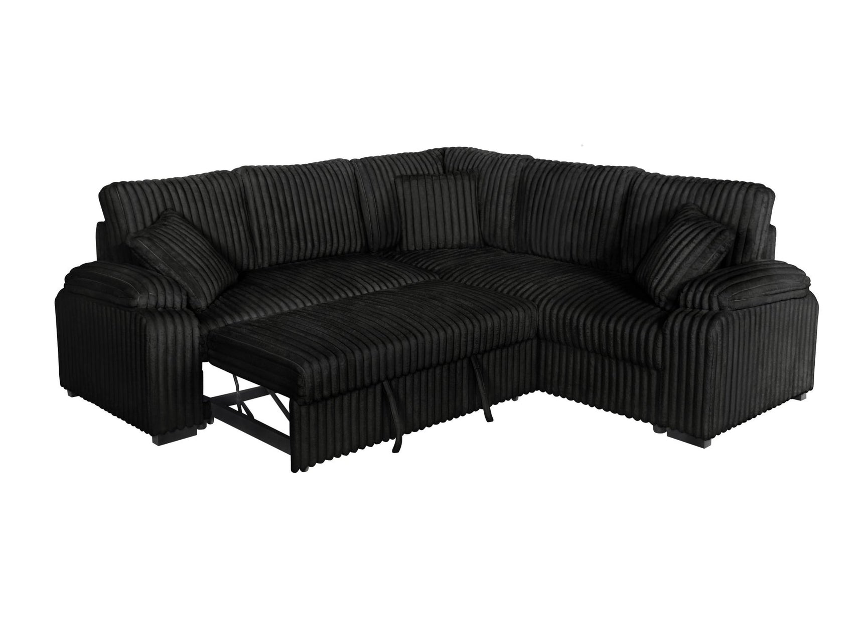 Living room view of Neeha black corduroy sectional sofa with pullout bed