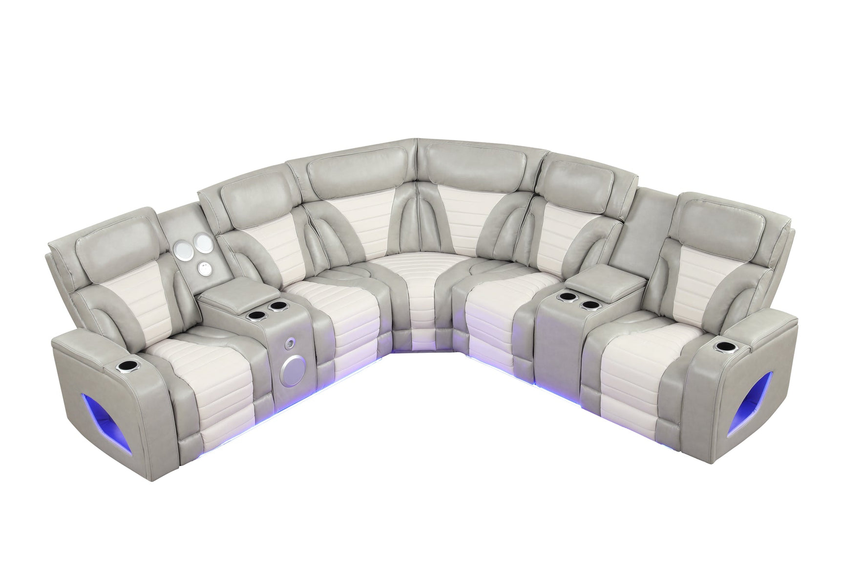 Robin sectional showing Bluetooth speaker and cupholders