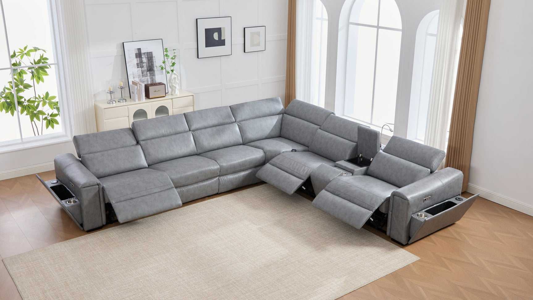 Side view of grey leather gel sectional arm with storage