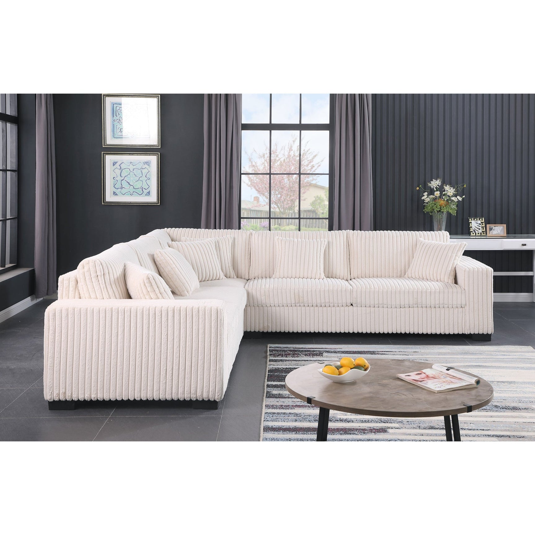 detail view of cream upholstery on sectional sofa