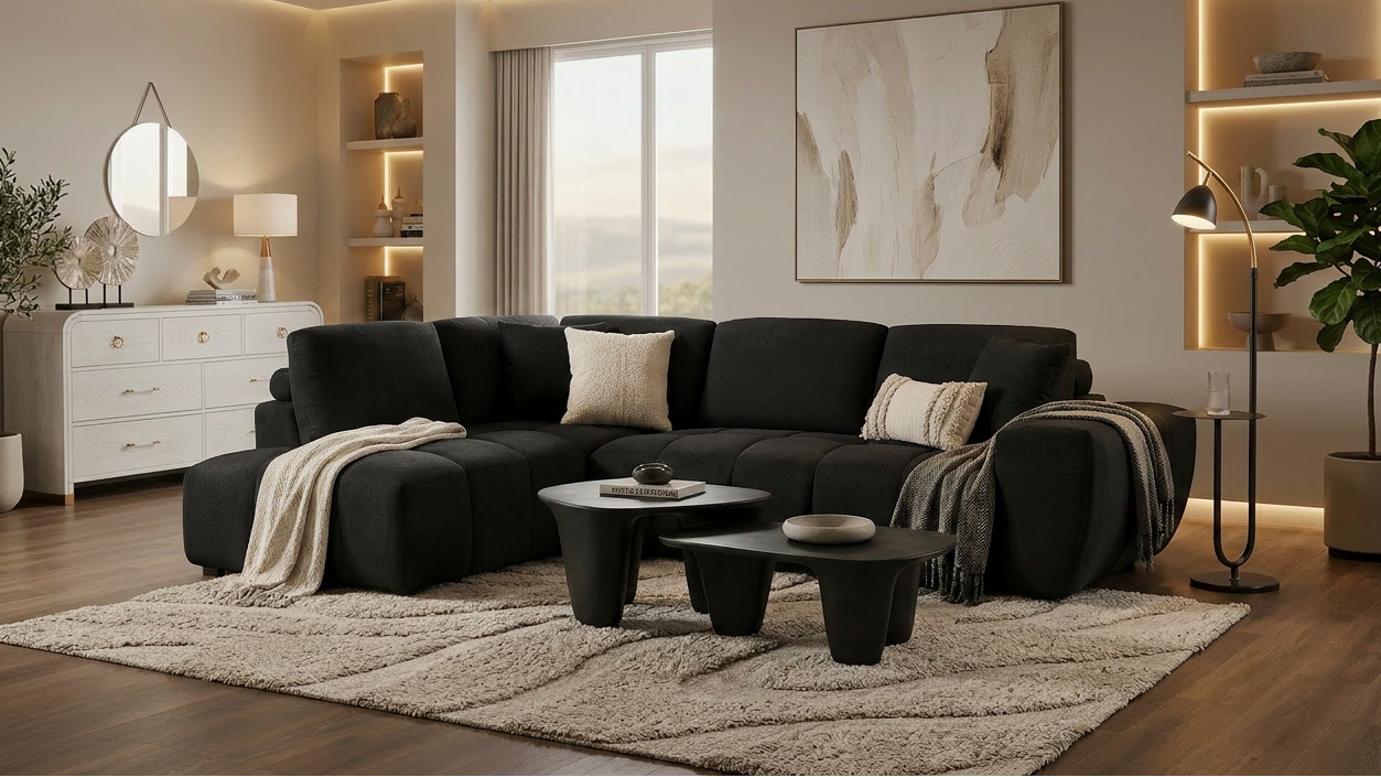 Uptown Black 2-Piece Fabric Sectional Sofa with Vertical Channeling from Decor Furniture