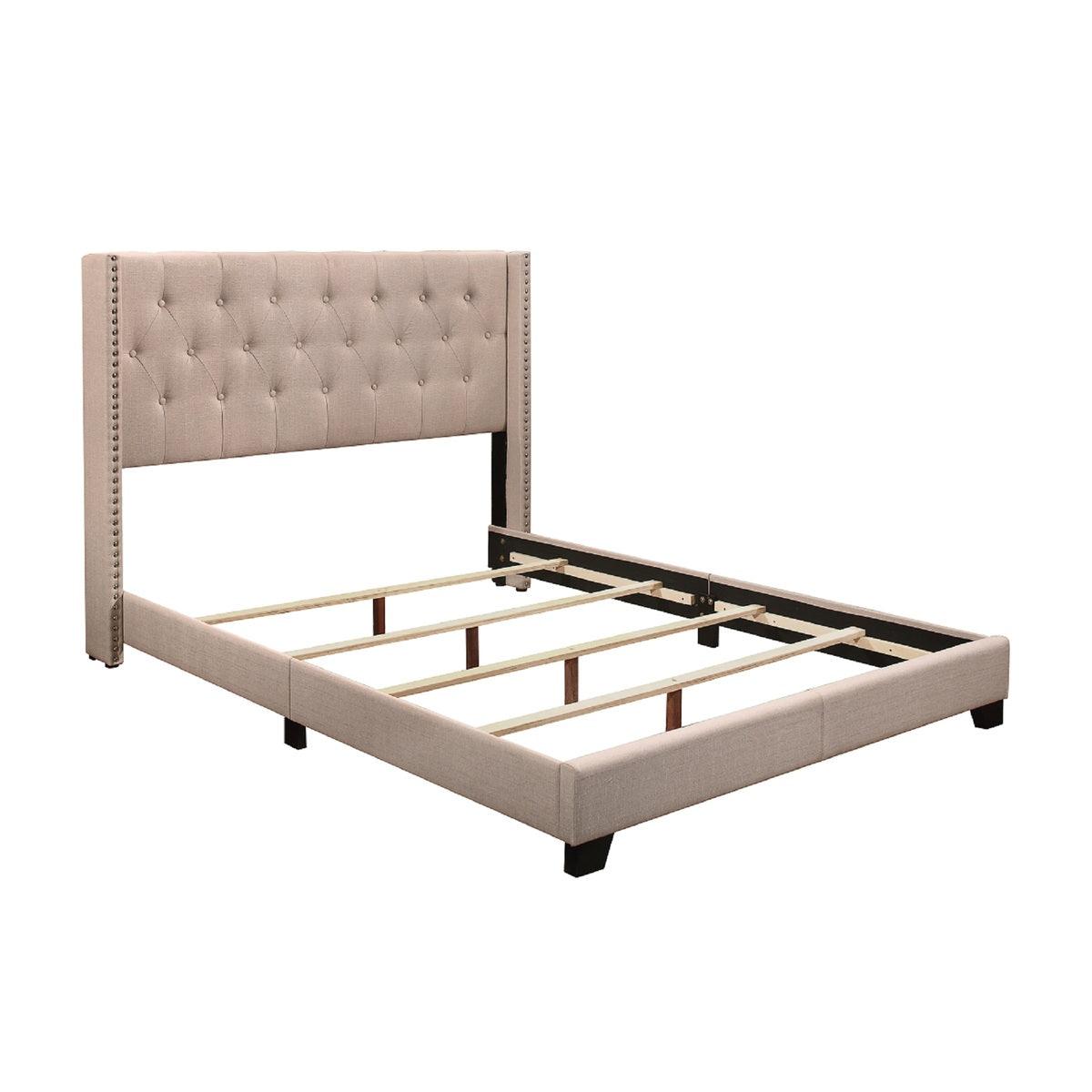 Baker Full Platform Bed front view with beige fabric tufted headboard
