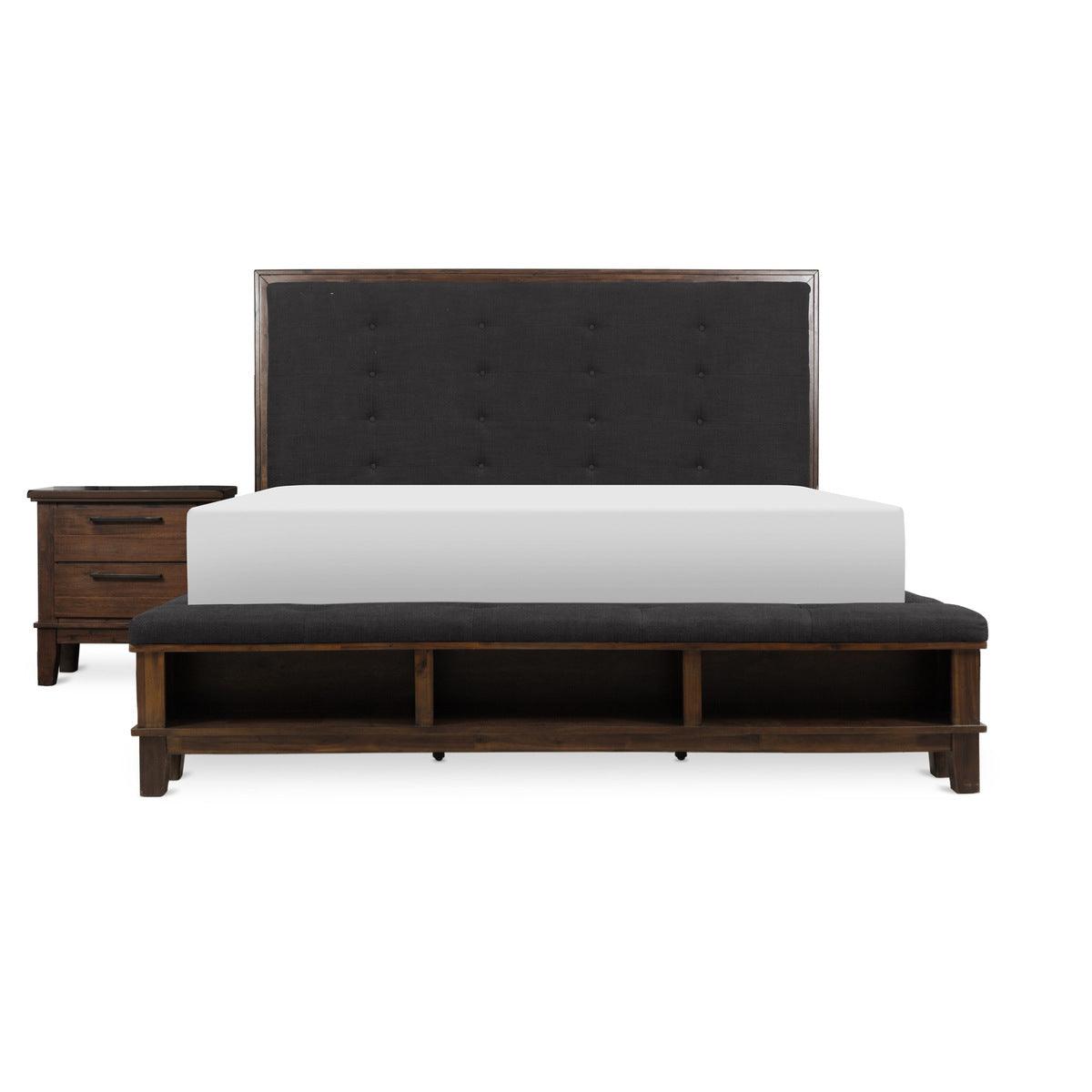 Side angle of queen bed upholstered in brown velvet with tufted headboard