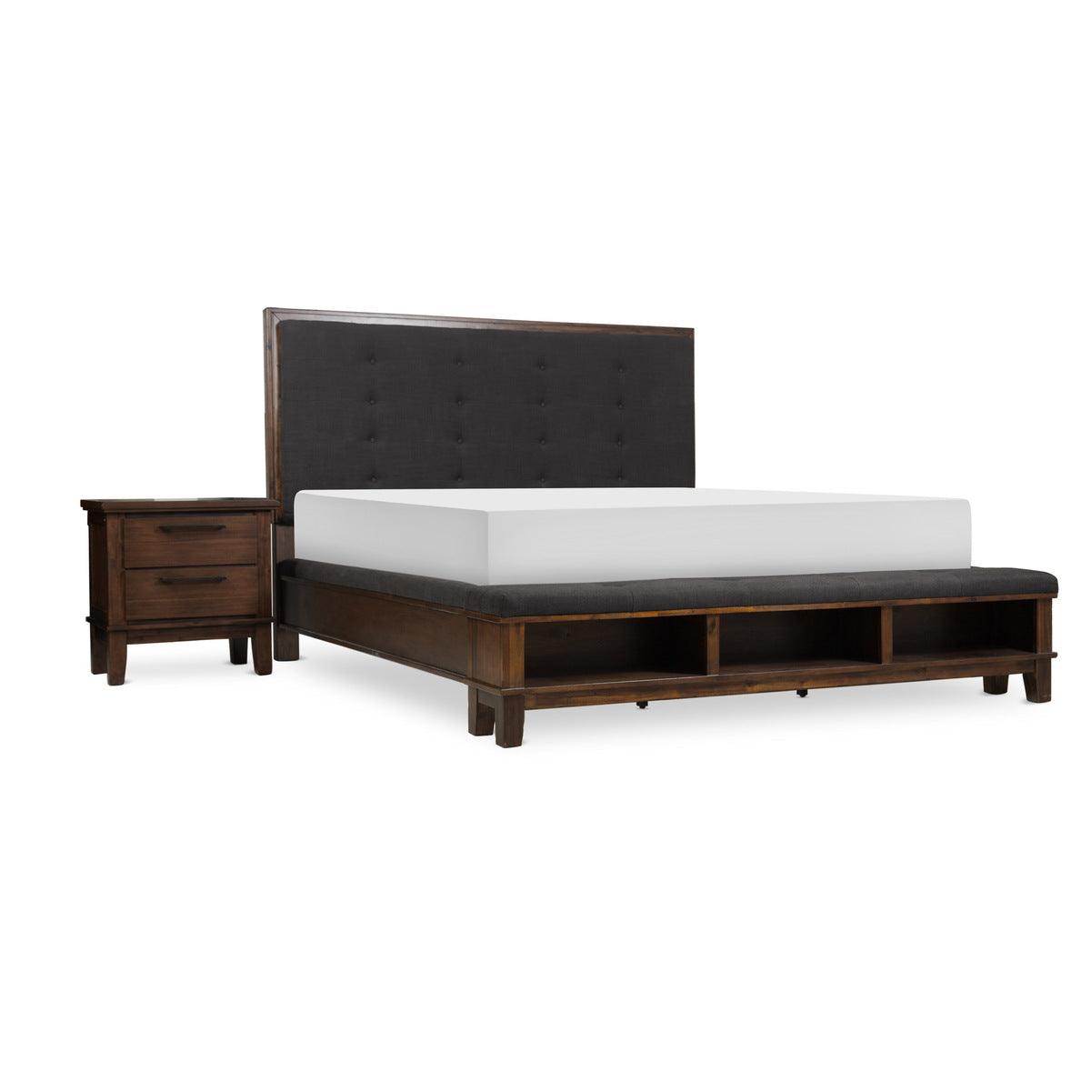 Modern queen bed with solid wood shelves in brown velvet upholstery