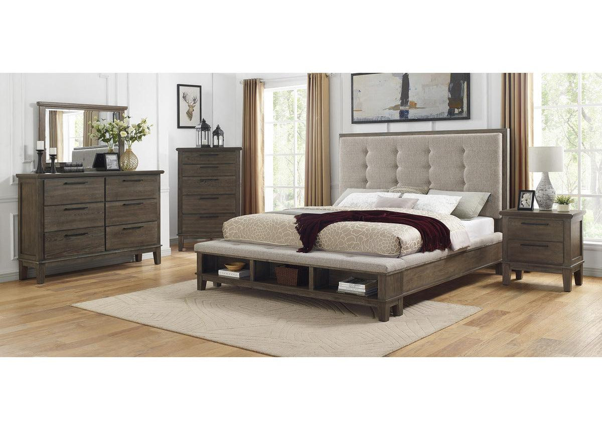 Front view of gray upholstered tufted queen bed with panel headboard