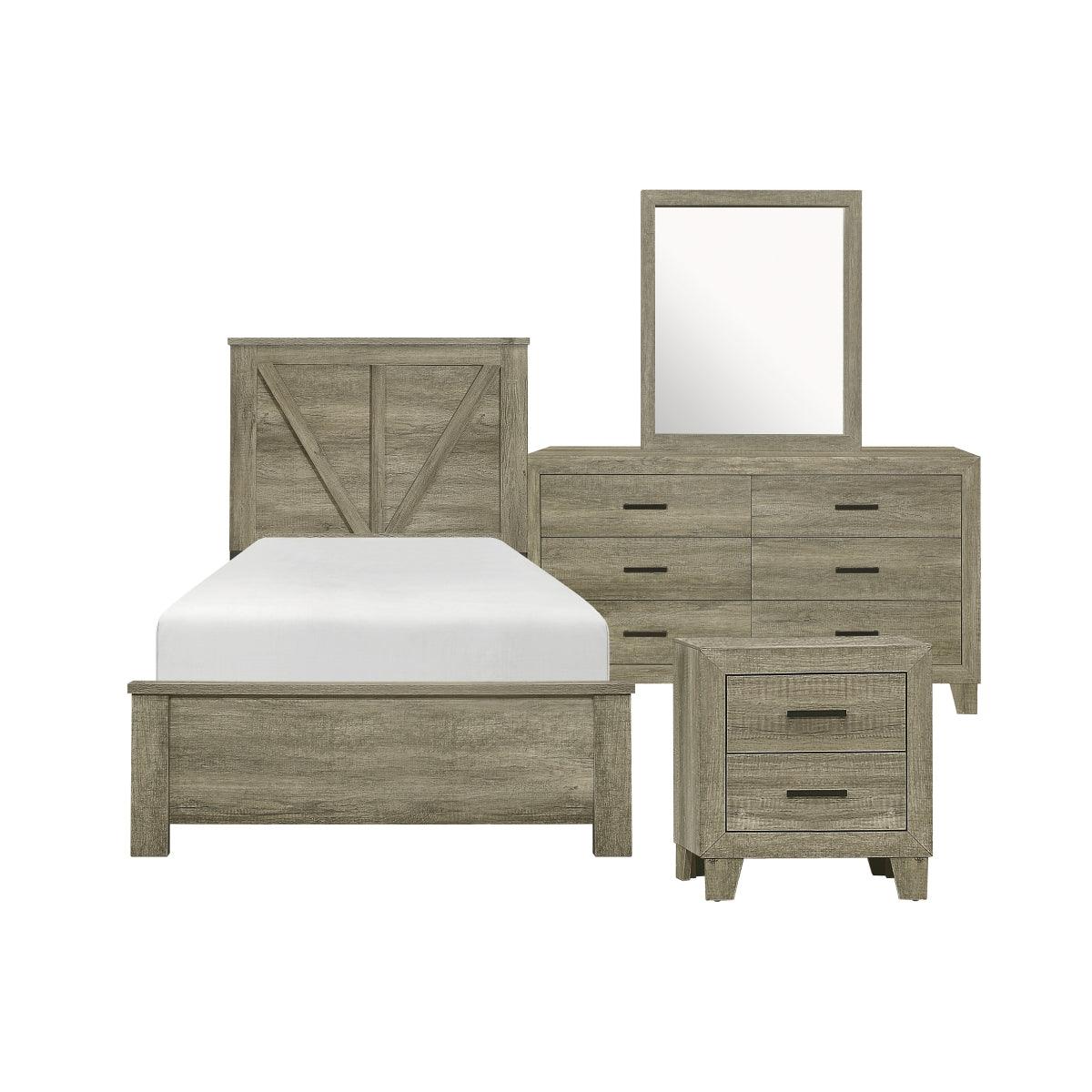 Angled view of gray panel twin bed highlighting panel design