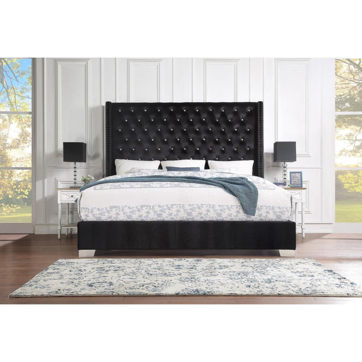 Side angle of Jacklyn Black Faux Leather Tufted Queen Panel Bed