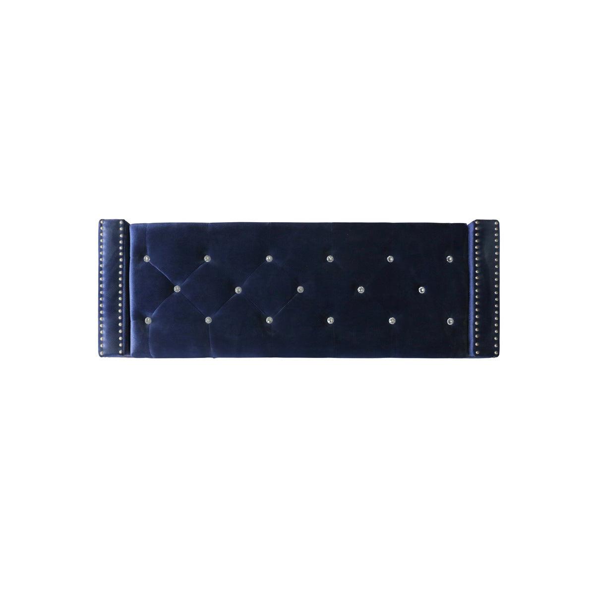Storage bench open showing spacious internal storage with blue velvet lid