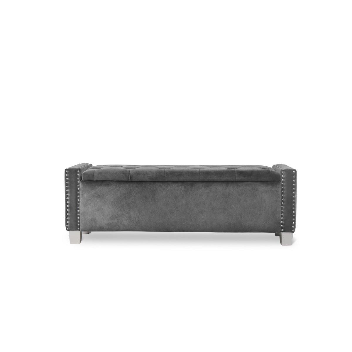 Storage Bench With Grey Velvet Upholstered Tufted Solid Wood And Plywood - Ella Furniture