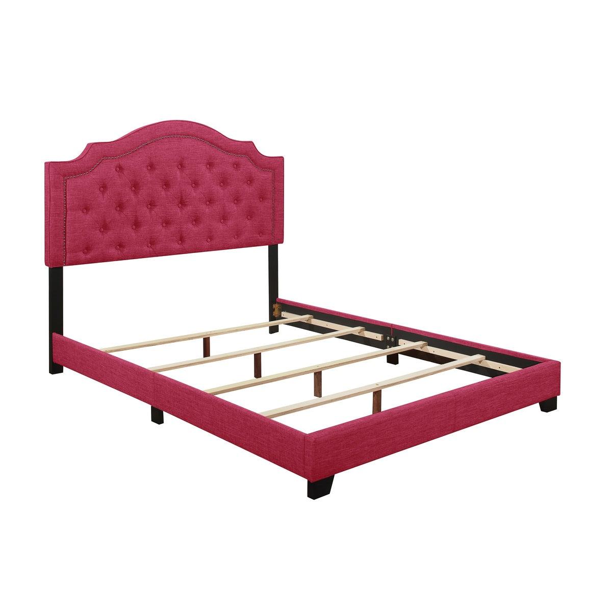 Side view of sandy pink king upholstered bed
