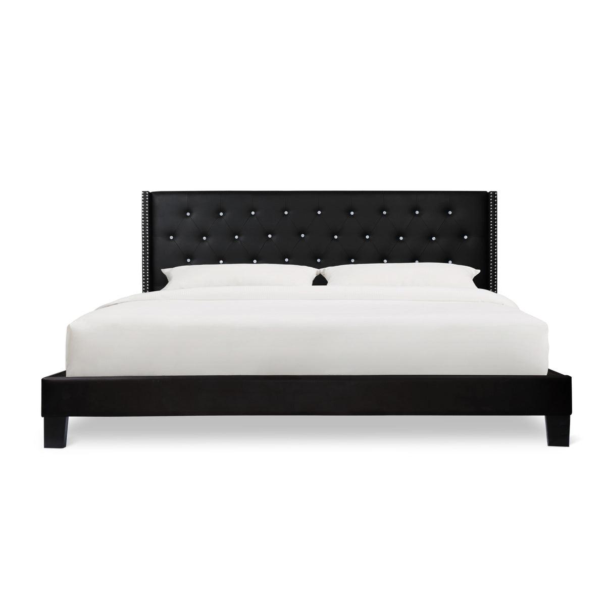 Ivy Black Velvet Faux Leather Tufted King Platform Bed front view