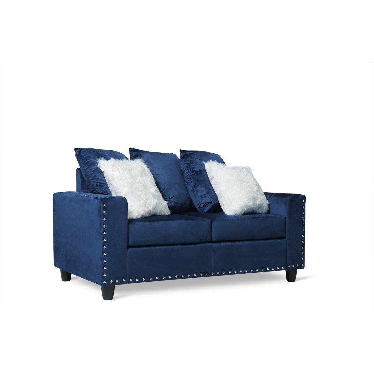 Blue velvet loveseat side view displaying solid wood frame