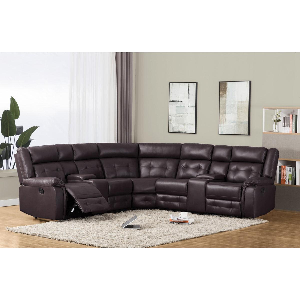 brown tufted faux leather sectional sofa front angle view