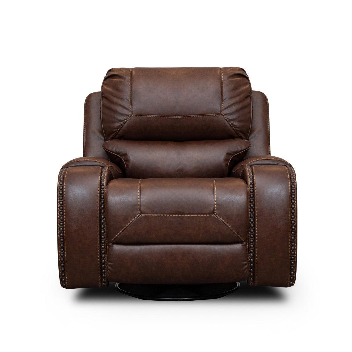 Brown microfiber swivel glider reclining chair front view